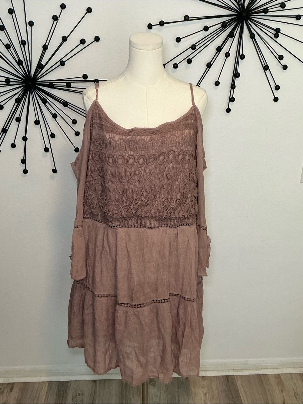 Vivid Imports Dusty Mauve Lace Cold Shoulder Boho Dress 2X
